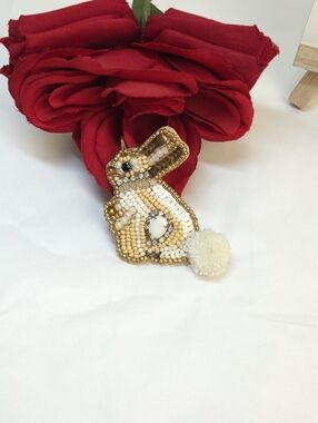 Vintage Handmade Seed Bead & Sequins Bunny Rabbit Pendant or Charm Jewelry Makin
